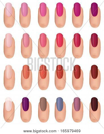 Nail polish in different fashion colors. Nail care set. Manicured finger isolated.