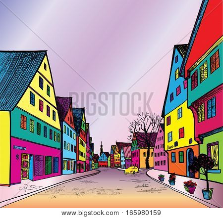 Street in old city. Cityscape - houses, tower, buildings and tree on alleyway. Old city view. Medieval european castle landscape. Funky journey background in 1960s pop art style.