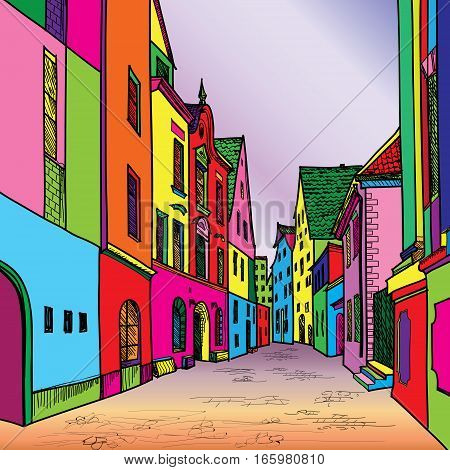 Street in old city. Cityscape - houses, tower, buildings and tree on alleyway. Old city view. Medieval european castle landscape. Funky journey background in 1960s pop art style.