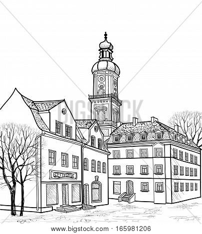 Street in old city. Cityscape - houses, buildings and tree on alleyway. Old city view. Medieval european castle landscape. Pencil drawn engraving sketch