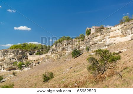Cupations the southern slopes of the plateau and the medieval Karaite kenesa of the city-fortress Chufut-Kale. Bakhchysaray Crimea Russia