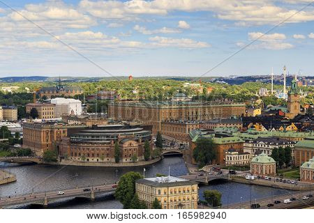 STOCKHOLM, SWEDEN - JUNE 27, 2016: This is aerial view of the main Swedish government building: Riksdag (Swedish Parliament) and Royal Palace.