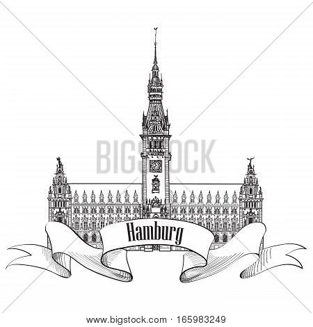 Hamburg city sign. Hamburg rathaus symbol. Travel Germany background. Famous german cathderal building, architectural engraved landmark.