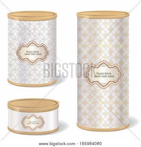 Metal Gift Box Set. Blank tincan collection with vintage label. Metal Tin Can. Retro Food Container. Product Packing.