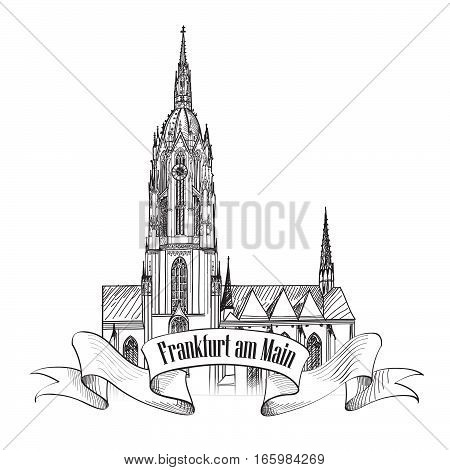 Cathedral Römerberg Frankfurt am Main  city sign. Frankfurt symbol. Travel Germany background. Famous german cathderal building, architectural engraved landmark.
