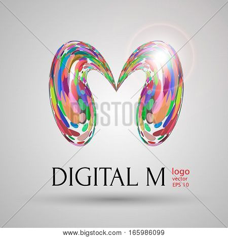 Vector digital modern bubble style M letter vector illustration on light grey background. Logo brand name design element web design poster banner print advertisement. liquid mixed colored pink shade