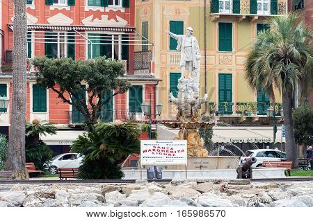 SANTA MAGHERITA LIGURE, ITALY - DECEMBER 2016: Sculpture of Christopher Columbus at coast of Santa Magherita town, Italy