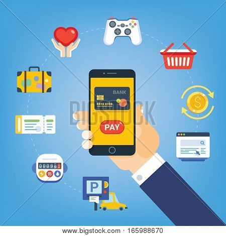 Mobile Payment Pay for services Marketing Solution. Hand with phone button pay. Icons meter ticket card parking site suitcase coin joystick basket. Vector illustrationflat style.