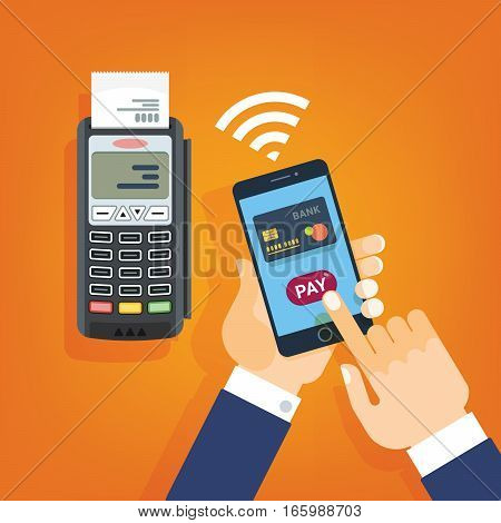 Mobile Pay payment for services shopping and entertainment. Hand with phone and payment terminal. Vector 