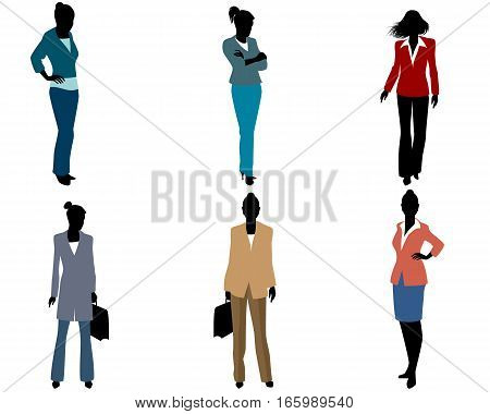 Vector illustration of a six businesswomen silhouette