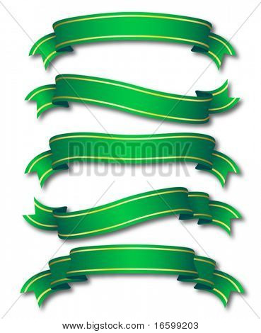 set di cinque nastri arricciati verde con striscia d'oro