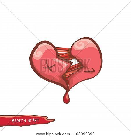 vector cartoon style red broken heart isolated on white background. vector concept icon of divorce, depression, bad mood, heart disease or unrecognized teen love.