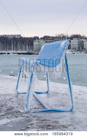 Geneva Switzerland - January 18 2017: Ice covered sculpture on the Paquis pier in Geneva Switzerland.