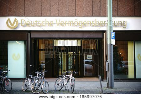 FRANKFURT, GERMANY - JANUARY 05: The glass entrance of the German Investment Consutling a management for financial support on January 05 2017 in Frankfurt.