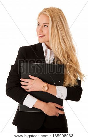 Beautiful Business Woman Holdinh File Folder Isolated Over White Background