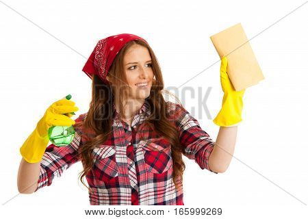 Happy Young Woman Cleaning Windows Isolated Over White Vackground