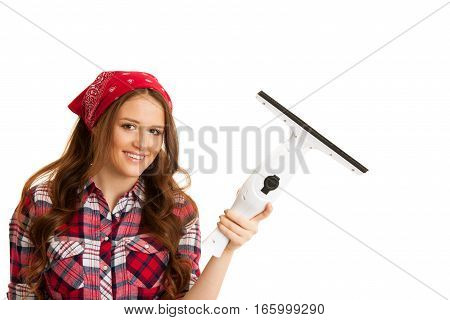 Happy Young Woman Cleaning Windows Isolated Over White Vackground