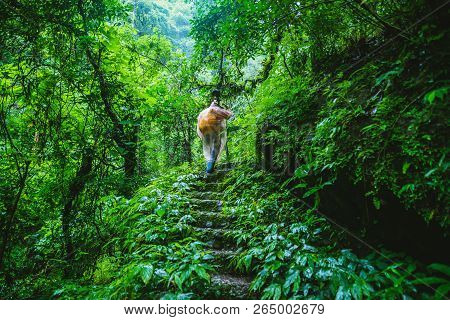 Asian Women Travel Take A Picture Nature Study. Travel The Highest Waterfall In Chiangmai Mae-pan Ra