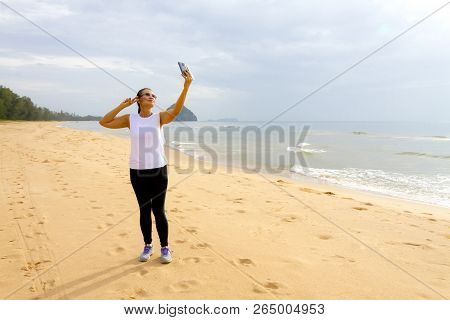 Woman Shape Pretty Relax Morning On Beach At Bang Beot Beach, Chumphon Province Thailand