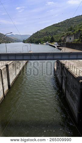 View Of The Canal Connecting The Lock To The Upstream Of The Douro River On The Regua Dam, Also Call