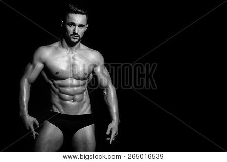 Sexy Man. Sexy Man With Muscular Body And Strong Torso Of Bearded Bodybuilder Athlete In Underwear P