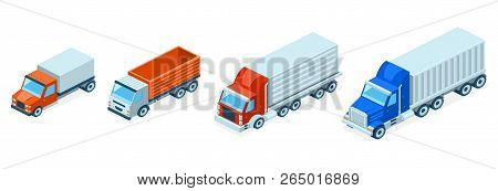 Vector Set Of 3d Isometric Trucks, Multi-ton Vehicles. Cars With Cargo Isolated On White Background.