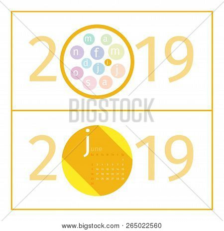 June Calendar Page Template 2019.  Design Of Months In Form Of Circles In The Middle Of Number 2019.
