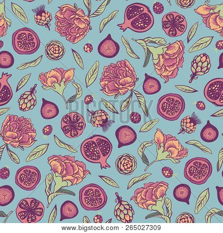 Vector Autumn Seamless Pattern Background With Elements Flowers, Leaves, Fig Fruit, Pomegranate, Ber