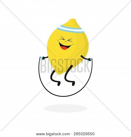 Cute Cartoon Lemon Jumping On A Rope, Funny Fruit With Emotion Isolated On Winter Background