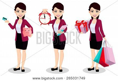 Asian Business Woman In Office Clothes. Beautiful Lady, Cartoon Character, Set Of Three Poses With P