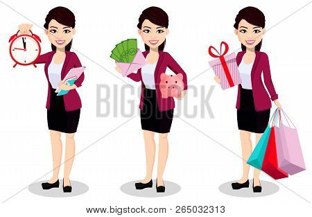 Asian Business Woman In Office Clothes. Beautiful Lady, Cartoon Character, Set Of Three Poses With A