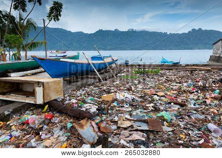 Horrible rubbish field along the coastline in the Banda Neira island, Maluku, Indonesia