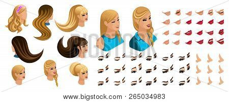 Isometric Create Emotions For Your Character, Young Girl. Set Beautiful Hairstyles And Emotions, Sad