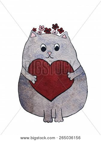 Watercolor Illustration Of Cute Cat With Heart And Flowers. Cartoon Character.