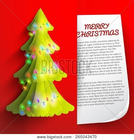 Merry Christmas Decorative Card With Big Green Eve Decorated By The Garland, Message On The White Pa