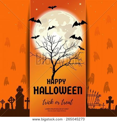 Halloween Design. The Dried Tree In The Cemetery With Ghosts Against The Background Of The Full Moon