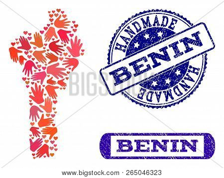 Handmade Craft Composition Of Mosaic Map Of Benin And Scratched Seals. Mosaic Map Of Benin Designed 
