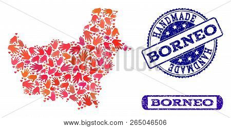 Handmade Craft Combination Of Mosaic Map Of Borneo Island And Rubber Seals. Mosaic Map Of Borneo Isl