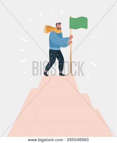 Vector Cartoon Illustration Of Victorious Person Standing On A Mountaintop Holding A Flag Icon. Succ