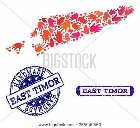 Handmade Craft Collage Of Mosaic Map Of East Timor And Rubber Seal Stamps. Mosaic Map Of East Timor 