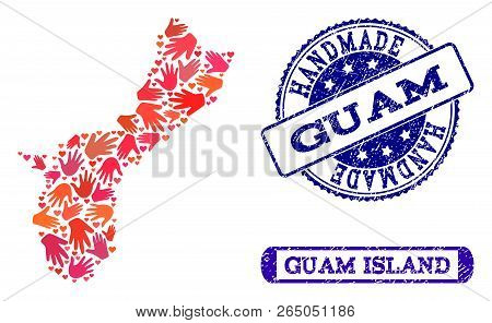 Handmade Craft Combination Of Mosaic Map Of Guam Island And Corroded Stamps. Mosaic Map Of Guam Isla