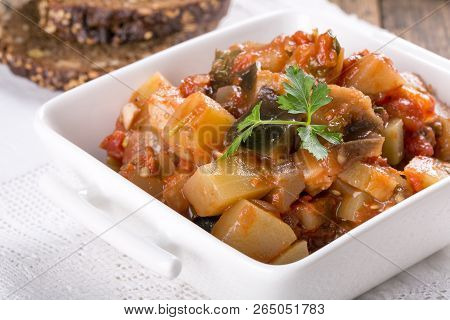 Vegetable Stew. Eggplant And Zucchini  Ragout With Onion And Tomato.