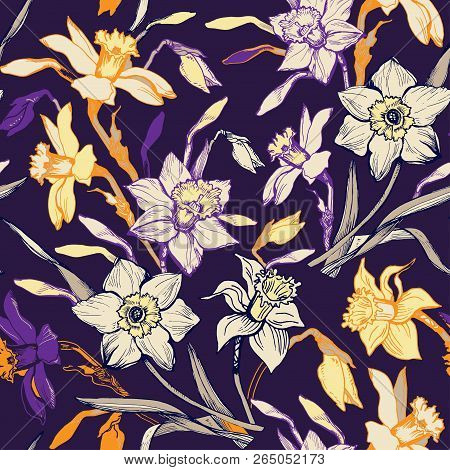 Briht Floral Seamless Pattern With Hand Drawn Flowers Daffodils, Narcissus. Colorful Floral Elements