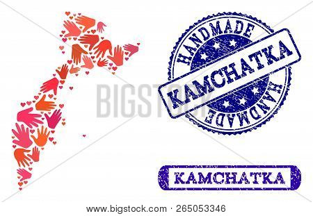 Handmade Craft Combination Of Mosaic Map Of Kamchatka Peninsula And Unclean Seals. Mosaic Map Of Kam