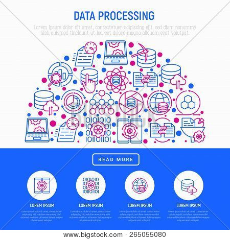 Data Processing Concept In Half Circle With Thin Line Icons: Data Science, Filtering, Deep Learning,