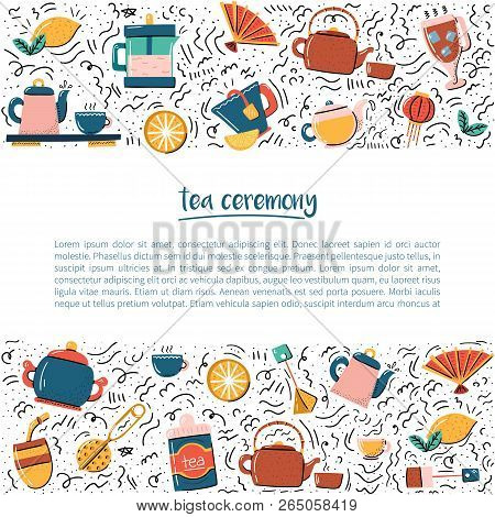 Vector Cartoon Illustration With Tea Ceremony Set: Cup, Teapot, Lemon, Tea Bags, Herbs, Sweets, Mate