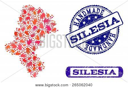 Handmade Craft Composition Of Mosaic Map Of Silesia Voivodeship And Rubber Seals. Mosaic Map Of Sile
