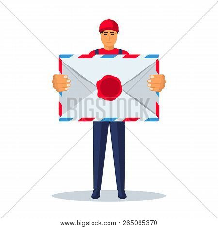 Postman With A Large Envelope In His Hands. White Envelope With A Seal. Delivery Mail. Vector Illust