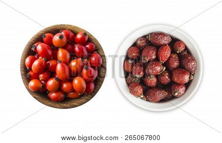Fresh And Dried Rosehip Berries On White Background. Top View. Rosehip Berries In A Bowl Isolated On
