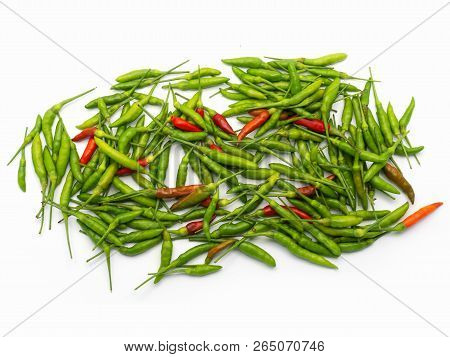 Stack Of Hot Chili Pepper Or Small Chili Padi On White Background.